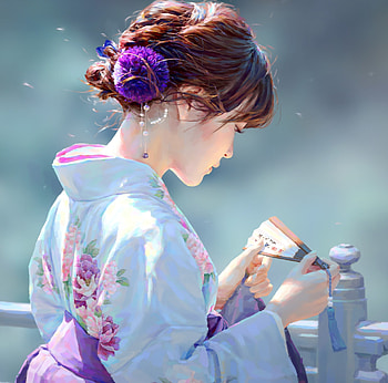:), blue, kimono, frumusete, asian, art, gorgeous, girl, superb, purple, hand fan, fantasy, evantai, zyly, luminos HD wallpaper