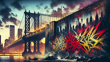 Brooklyn Bridge with Urban Graffiti, Brooklyn Bridge, graffiti, Manhattan Bridge, urban art, cityscape HD wallpaper