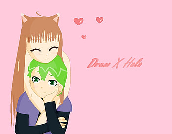 Drew X Holo, wolf, black top, hearts, couple, drew, smiling, purple top, girl, spice and wolf, pink, boy, love, brown hair, green hair, holo, green eyes, pokemon HD wallpaper