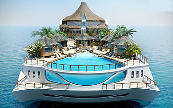 Tropical Island, Pool, Palm trees, Yacht, Sea HD wallpaper