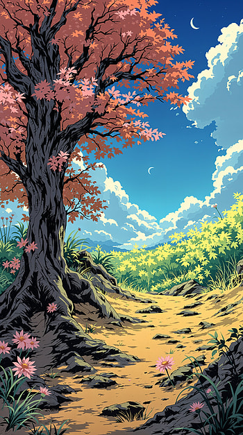Twilight Meadow: Crescent-Sky , tree, path, meadow, flower, sky HD phone wallpaper
