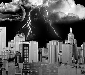 The City, buildings, lighting, city, moon, clouds HD wallpaper