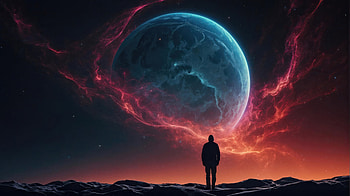 Standing At The Edge Of Infinity, planet, moon, red, sky, purple, alone, boy, stars, artist, artwork, art, digital-art, ai, deviantart HD wallpaper