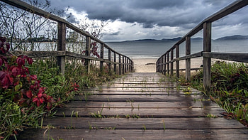 _Path to the sea_, sea, wooden cross, landscape, bridge, sky, red leaves HD wallpaper