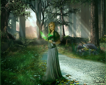Lovely Maiden, fantasy, art, path, forest, woman HD wallpaper