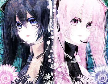 miku and luka, blue eyes, girls, flowers, black hair, pink hair, long hair HD wallpaper