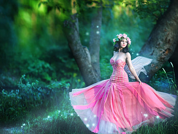 Forest Beauty, wings, pink, magical, women, flowers, forest, beauty, wreath HD wallpaper
