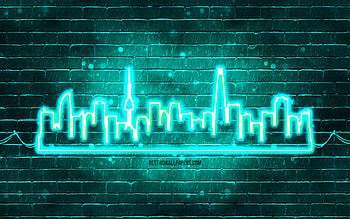 Seoul turquoise neon silhouette, , turquoise neon lights, Seoul skyline silhouette, turquoise brickwall, South Korean cities, neon skyline silhouettes, South Korea, Seoul silhouette, Seoul HD wallpaper