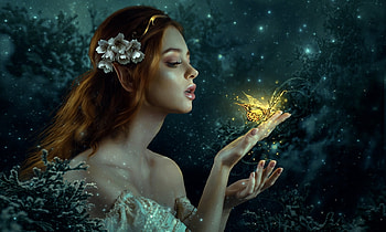 Golden Butterfly, glow, woman, Fantasy, butterfly, magical, redhead, dreamy, lovely, evening HD wallpaper