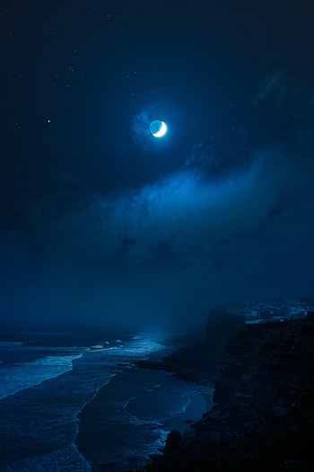 Nature, Sea, Night, Moon, Rocks, Surf HD phone wallpaper