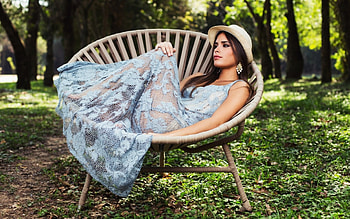 Girl lies in an Armchair, model, trees, armchair, girl, forest, hat HD wallpaper