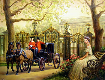The Queen, artwork, horses, buckingham, painting, fence, trees, coacg, vintage HD wallpaper