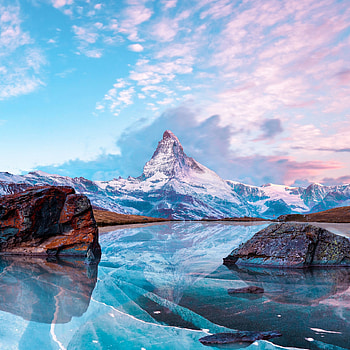 Matterhorn, mountains, nature, frozen lake, reflection, winter HD phone wallpaper