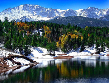Pikes Peak, winter, christal reservoir, snow, forest, mountain HD wallpaper