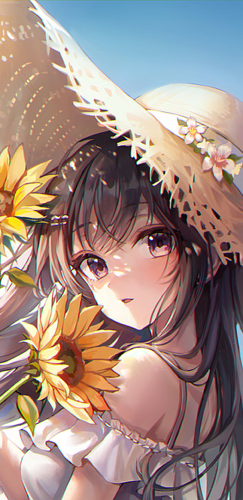 Sunflower Summer — Anime Girl in Straw Hat ( & Android ), hat, Anime, girl, anime girl HD phone wallpaper
