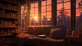 Cozy Lofi Sunset –, lofi, bookshelf HD wallpaper