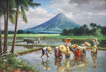 Planting rice with Mayon volcano by Fernando Amorsolo, painting, art, pictura, fernando amorsolo, people, water, ybcclub, ybc club, volcano, rice HD wallpaper