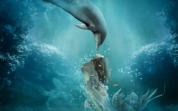 Undersea Ballet , blue, sea, softness, underwater, Mermaid, dreamy, dolphin, playful HD wallpaper