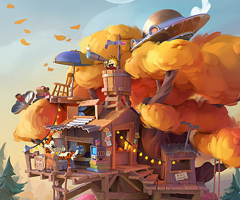 Calvin & Hobbes — Autumn Treehouse, Comic, Calvin & Hobbes HD wallpaper