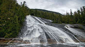 Lacey Falls, British Columbia - these falls flow directly into the ocean, sky, hills, coast, river, clouds, canada HD wallpaper