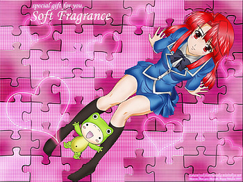 ayayo kannagi, pink, teddy bear, red hair, school outfit HD wallpaper
