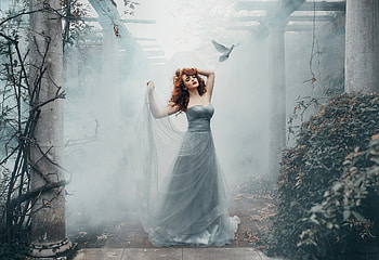 Beauty, white, model, dove, bird, girl, dress, woman, mist, redhead HD wallpaper