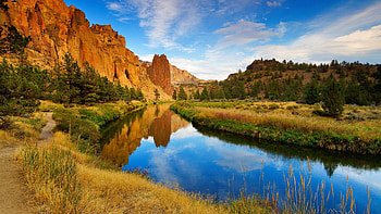 oregon usa, river, hills, trees, grass, rocks, walkway HD wallpaper