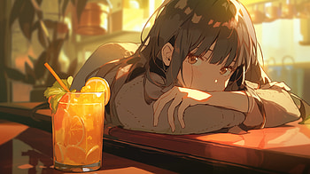 Anime Girl Relaxing with Drink -, Anime, girl, anime girl, drink, anime sunset HD wallpaper