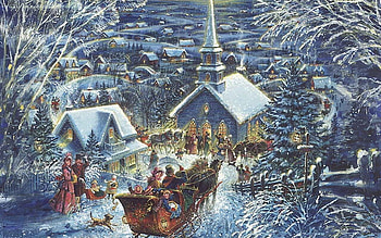 Christmas evening, blue, winter, animal, white, horse, art, people, church, tree, painting, snow, christmas, evening HD wallpaper