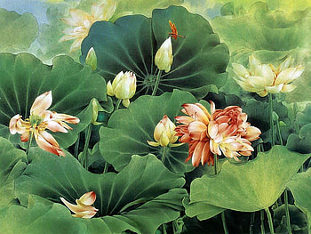 Lotuses, painting, art, flower, green, pictura, leaf, chinese, lotus HD wallpaper