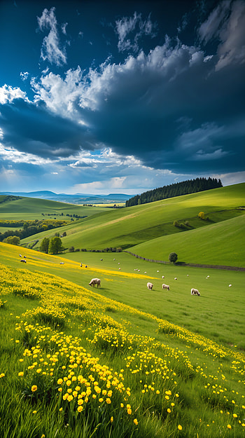 Pastoral Serenity: A Tranquil , landscape, hill, flower HD phone wallpaper