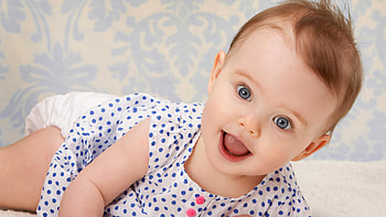 Cute Toddler Girl Baby Is Lying Down On White Cloth Wearing Blue Dots White Dress Cute HD wallpaper