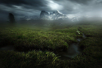 Grass, small stream, landscape, mountains HD wallpaper
