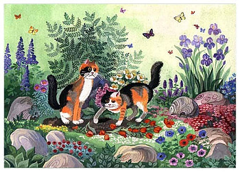 T. Rodionova, animal, kitten, painting, art, flower, t rodionova, cat, feline HD wallpaper