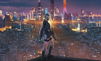 Sniper girl, cityscape, anime girl, art HD wallpaper