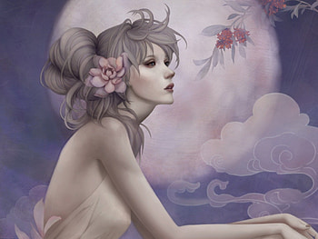 Full Moon, moon, fantasy, clouds, autumn, sky, flowers, woman HD wallpaper