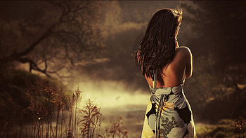 good day, trees, women, models, hair, artistic HD wallpaper