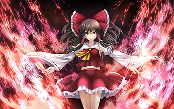 Fire Talisman, cute, long hair, dress, abstract, female, sexy, neon light, ribbon, yellow eye, hakurei reimu, hot, girl, flame, anime girl, neon, anime, fantasy, red, brown hair, touhou, reimu, fire HD wallpaper