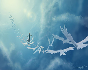 Walking To Heaven, birds, fantasy, clouds, sky, woman HD wallpaper