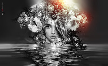 Girl, white, rendering, black, bw, fantasy, flower, luminos, wreath HD wallpaper