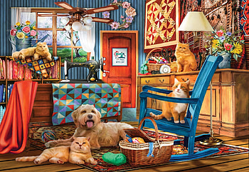 Made With Love, furniture, dog, painting, window, garden, cats, flowers HD wallpaper