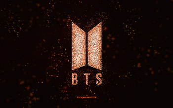 BTS glitter logo, , black background, BTS logo, orange glitter art, BTS, creative art, BTS orange glitter logo HD wallpaper