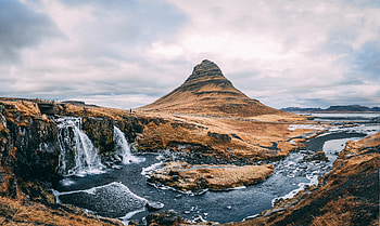 Mountain, cliff, waterfall, river, nature HD wallpaper