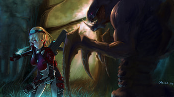 The Hunter has become the Hunted, awesome, cute, hydralisk, red eyes, alien, beauty, badass, short hair, blonde hair, gun, knife, wicked, sexy, starcraft 3, hot, beautiful, monster, anime girl, cool, starcraft, weapon, forest HD wallpaper