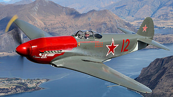 Yakovlev Soviet fighter aircraft World War II military airplane pilot people men males color contrast flight fly lakes rivers landscapes mountains wings ... HD wallpaper