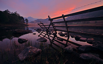 Nature, Water, Stones, Mountains, Forest, Morning, Fence HD wallpaper