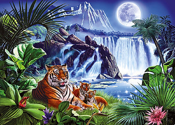 Tigers, night, painting, moon, art, tiger, pictura, tigru HD wallpaper