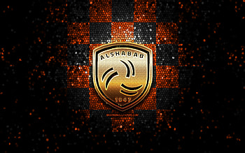 Al-Shabab FC, glitter logo, Saudi Professional League, orange black checkered background, soccer, saudi football club, Al Shabab logo, Al-Ettifaq, mosaic art, football, Al Shabab FC HD wallpaper