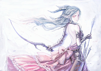 queen of bow & arrow, white, ribbon, girl, gloves, dress, greyhair, wind, anime, pinkeyes, pastel colors, arrow, bow HD wallpaper