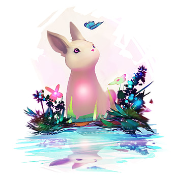 A magical place, bunny, andre boulard, pink, art, butterfly, fantasy, water, rabbit HD wallpaper